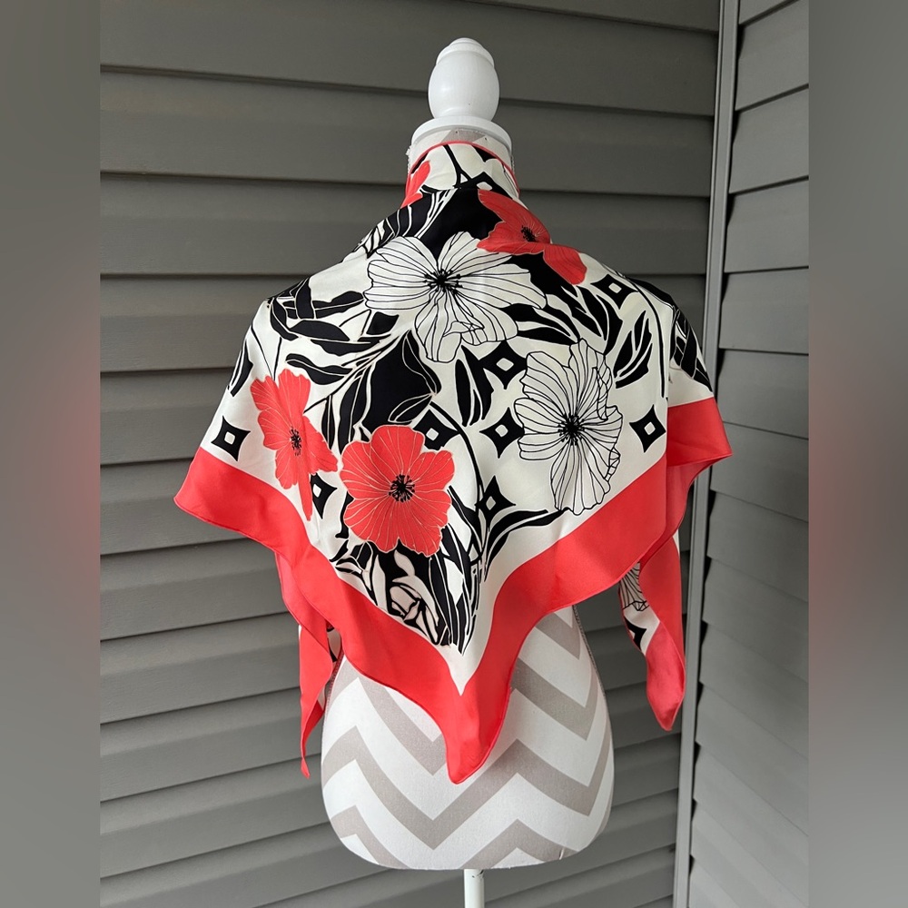 TANNER Floral Orange Black Cream Triangle Silk Scarf   Sz 36”x36”x60”